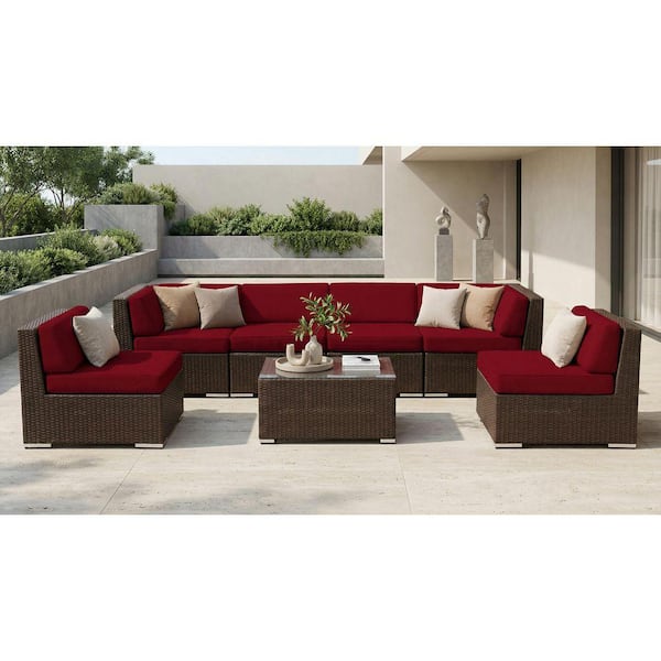 Ohana Dark Brown 7-Piece Wicker Patio Seating Set with Sunbrella Jockey Red Cushions