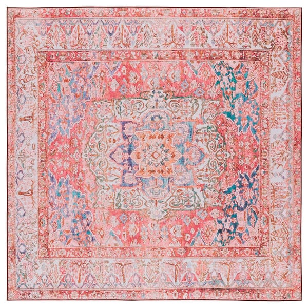 SAFAVIEH Tuscon Rose/Beige 6 ft. x 6 ft. Machine Washable Floral Border Square Area Rug