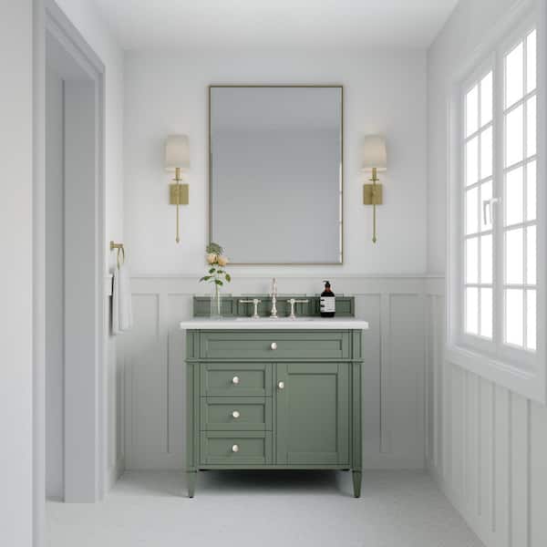 James Martin Vanities Brittany 36.0 in. W x 23.5 in. D x 33.8 in. H Bathroom Vanity in Smokey Celadon with Arctic Fall Solid Surface Top
