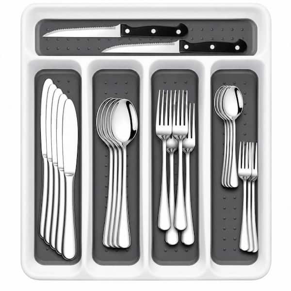 24-Piece Stainless Steel Silverware Set with 5-Compartment, Non Slip Drawer Organizer Box Tray, Silver (Service for 4)