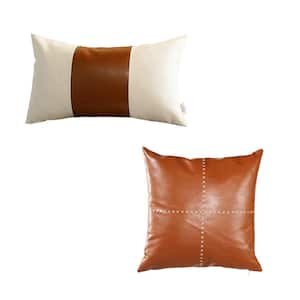 Country Embroidered Boho Set of 2 Throw Pillow Cover 12" x 20" & 18" x 18" Vegan Faux Leather Solid Beige & Brown