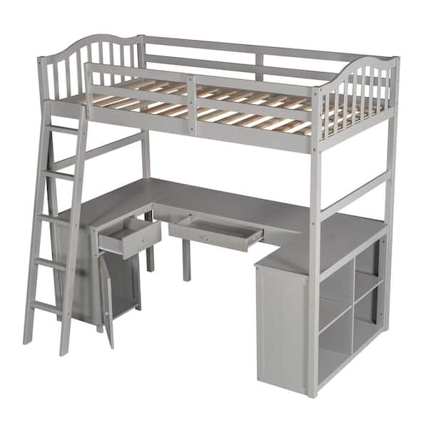 URTR Gray Twin Size Loft Bed with Desk, Loft Bed Frame with Drawer and Cabinet, Wood Kids Loft Bed with Bookcase Shelves