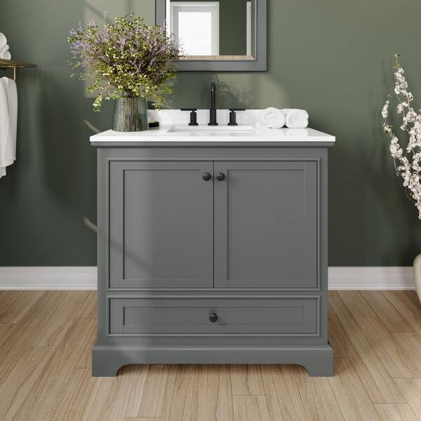 Wyndham Collection Deborah 36 in. W x 22 in. D x 35 in. H Single Bath Vanity in Dark Gray with White Quartz Top and MC Mirror