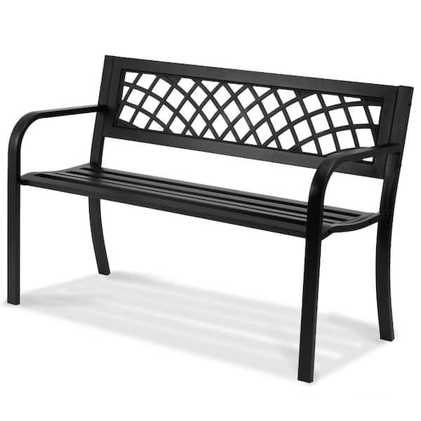 46 in. 3-Person Black Metal Garden Bench Patio Park Bench with Mesh Pattern Backrest, Sleek Legs for Porch, Lawn, Yard