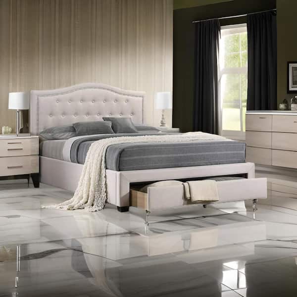 Benjara Buk Beige Wood Frame Twin Size Platform Bed with Storage Nailhead