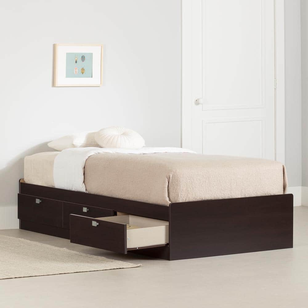 Chocolate Twin Wood Frame Captain's Bed with 3 Drawers