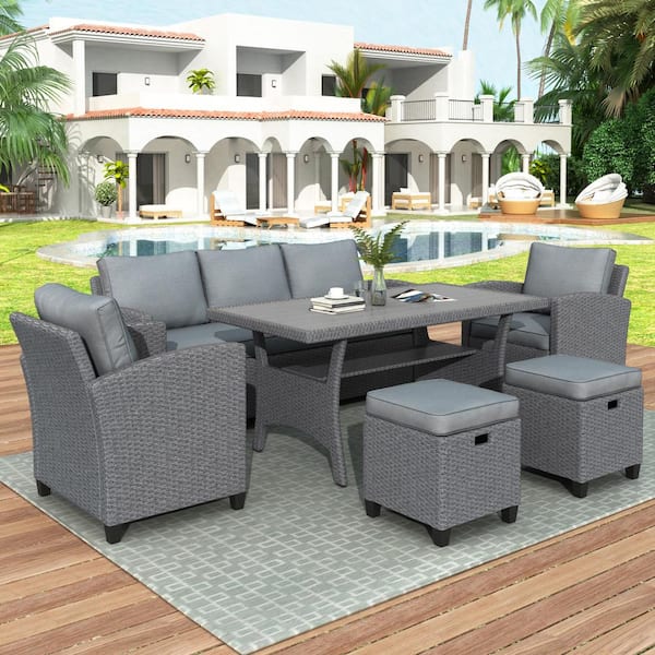 Unbranded Gray Outdoor 6-Piece Rattan Wicker Set Patio Conversation Set Garden Backyard Sofa Set with Cushions in Gray