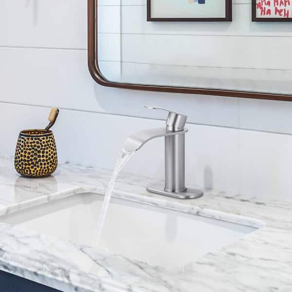 Single Handle Single Hole Bathroom Faucet with Pop-Up Drain Included in Brushed Nickel