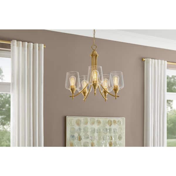 Hampton Bay Pavlen 23 in. 5-Light Antique Brass Chandelier with Clear Glass Shades