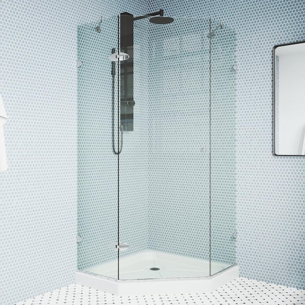 VIGO Verona 38 in. L x 38 in. W x 77 in. H Frameless Pivot Neo-angle Shower Enclosure Kit in Chrome with 3/8 in. Clear Glass