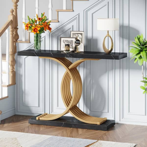 BYBLIGHT Turrella 39 in Black Rectangle Wood Console Table with Geometric Base