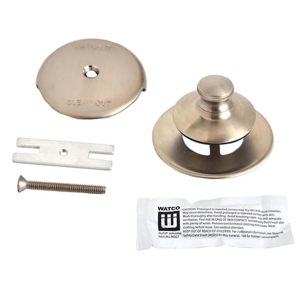 Watco Universal NuFit Push Pull Bathtub Stopper, 1-Hole Overflow, Silicone Kit and Non-Grid Strainer, Brushed Nickel