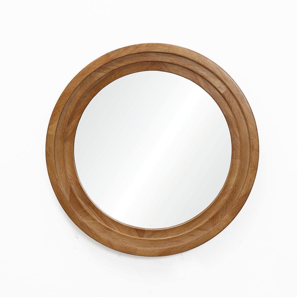Brown Round Rubberwood 3-Piece Bathroom Vanity Mirror Set