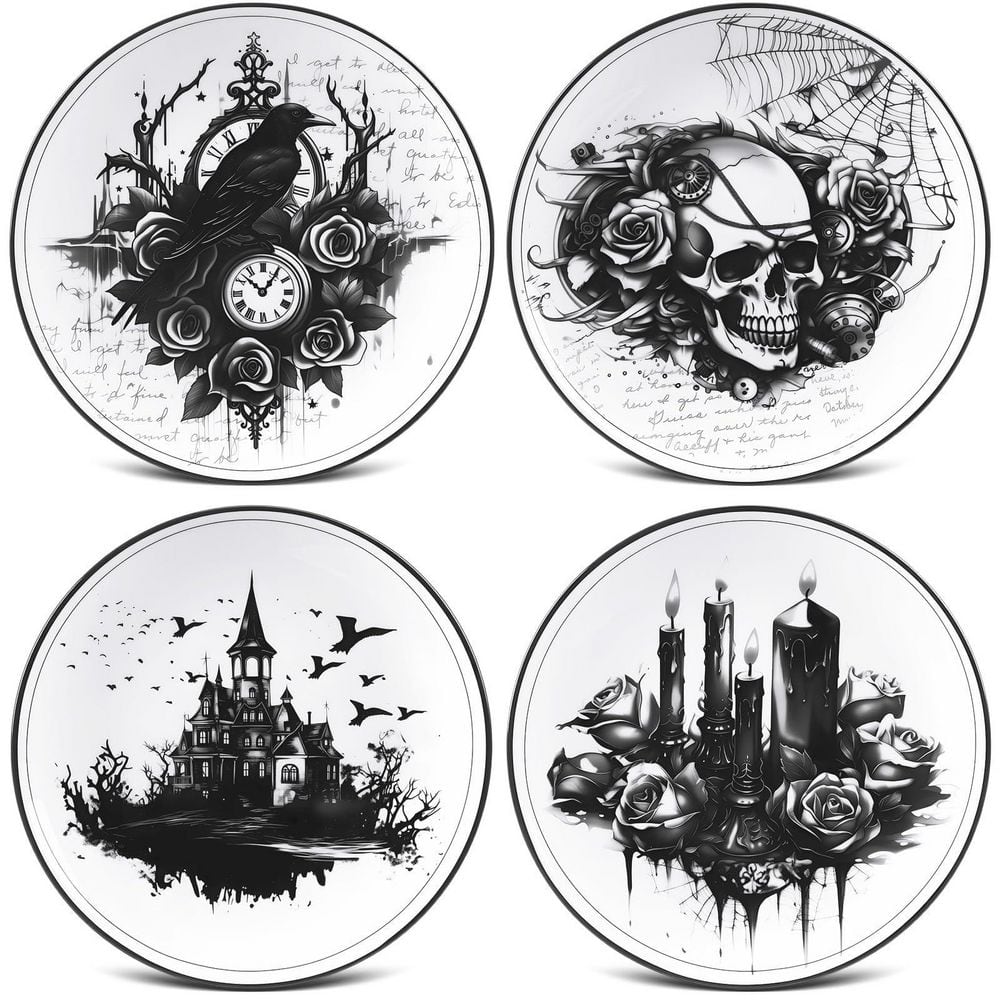 4-Piece Halloween Gothic Ceramic Plates, Skull Dinner Plates, Kitchen Decoration Spooky Gift for Home Decorative price history on PriceWatchPro