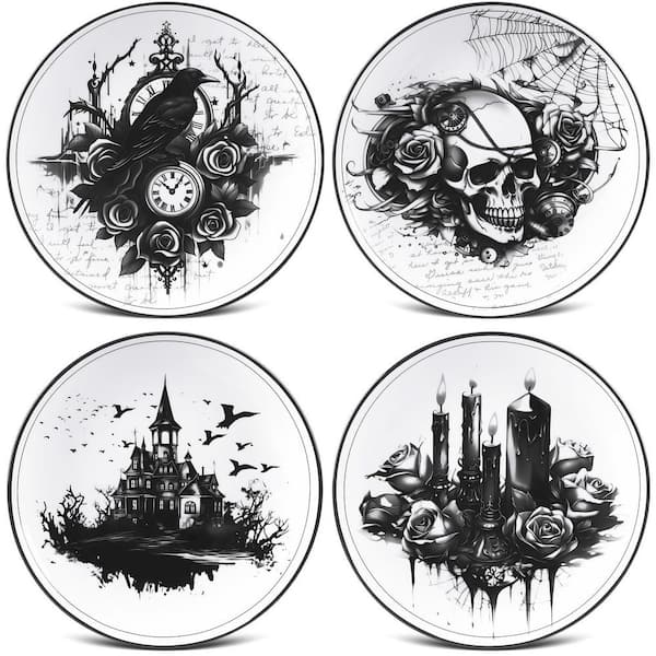 4-Piece Halloween Gothic Ceramic Plates, Skull Dinner Plates, Kitchen Decoration Spooky Gift for Home Decorative