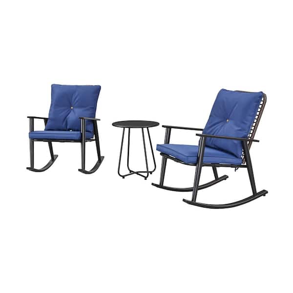 Patio Festival 3-Piece Metal Wicker Patio Rocker Conversation Set with Blue Cushions
