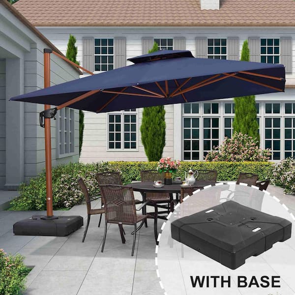 PURPLE LEAF 11 ft. Square High-Quality Wood Pattern Aluminum Cantilever Patio Umbrella with Stand, Navy Blue