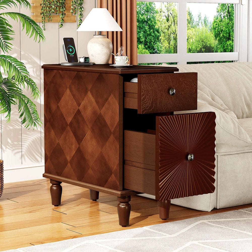 11.8 in. Walnut-D Rectangle MDF End Table with Charging Station, Side Table for Bedroom Living Room