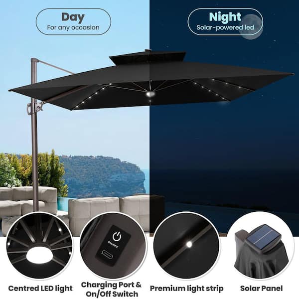 Crestlive Products 11 ft. x 11ft. Solar Powered Cantilever Patio Umbrella in Black Double Top Outdoor Offset Umbrella w/350 lb.Wheeled Base CL-UWB8724BLK - The Home Depot Crestlive Products 11 ft. x 11ft. Solar Powered Cantilever Patio Umbrella in Black Double Top Outdoor Offset Umbrella w/350 lb.Wheeled Base CL-UWB8724BLK - The Home Depot
