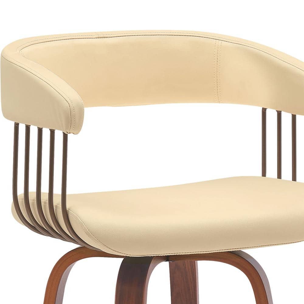 Topanga Cream Faux Leather Swivel Counter Stool with Walnut Wood and Bronze Metal