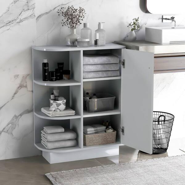 HBEZON 23.6 in. W x 9.7 in. D x 31.3 in. H Gray MDF Freestanding Linen Cabinet with Open and Adjustable Shelf in Gray