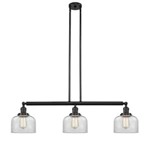 Bell 3-Light Matte Black Shaded Pendant Light with Clear Glass Shade