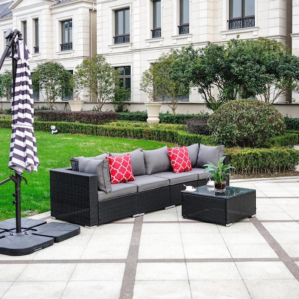 WESTIN OUTDOOR Jazzy 5-Piece Wicker Outdoor Sectional with Gray Cushion and Pillow
