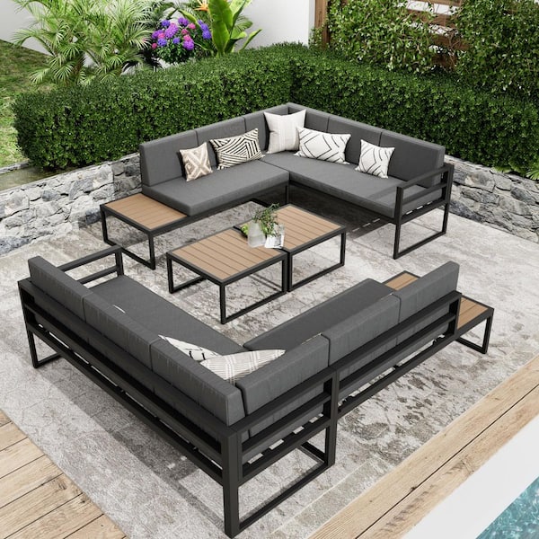 10-Piece Aluminum Patio Conversation Seating Set with Side Table, Coffee Table, Dark Grey Cushions and Sofa Cover