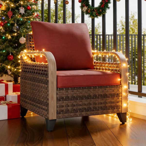 Brown Wicker Outdoor Lounge Chair Patio Dining Chair with Red Cushions (1-Pack)
