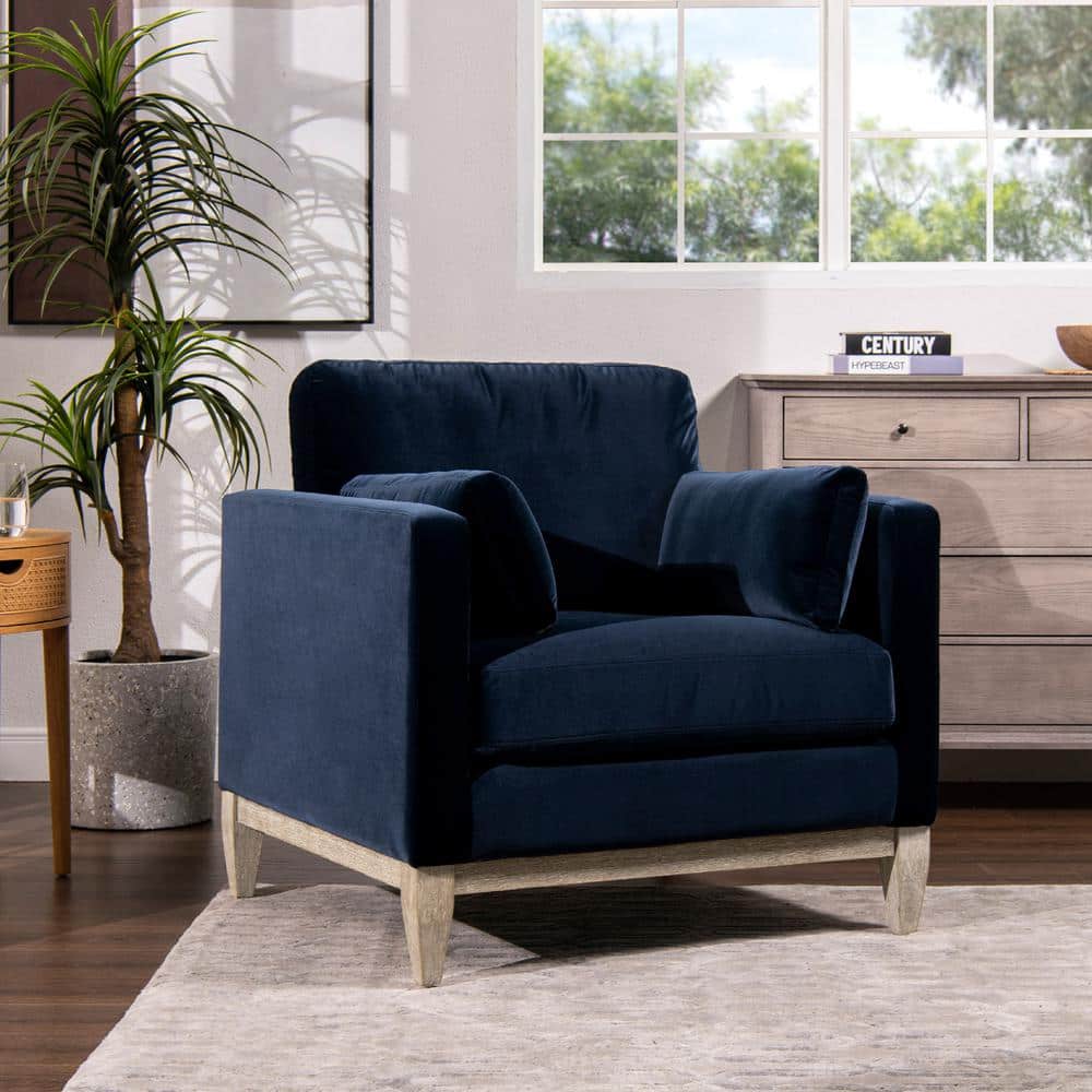 Knox Dark Navy Blue Velvet Armchair with Birch Legs