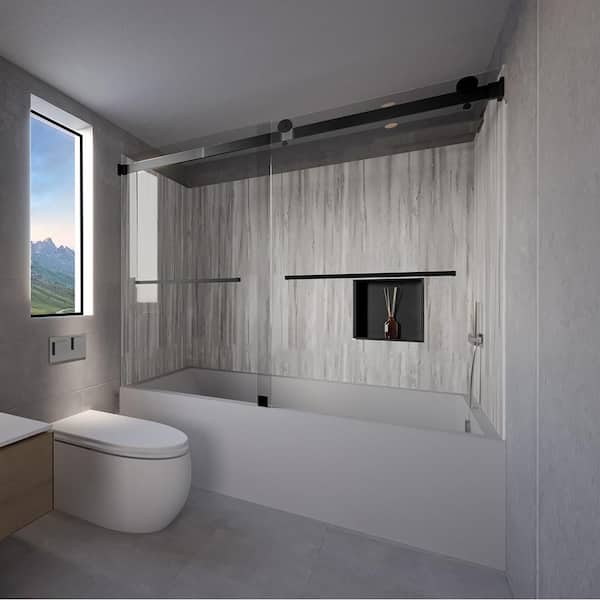 NuVo Driftwood-Tetherow 60 in. L x 30 in. W x 83 in. H Rectangular Tub/ Shower Combo Unit in Matte Black Right Drain