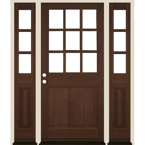 Krosswood Doors 64 in. x 80 in. Farmhouse 9-Lite Clear Glass Right Hand Provincial Stain Hemlock Wood Prehung Front Door w/ DSL