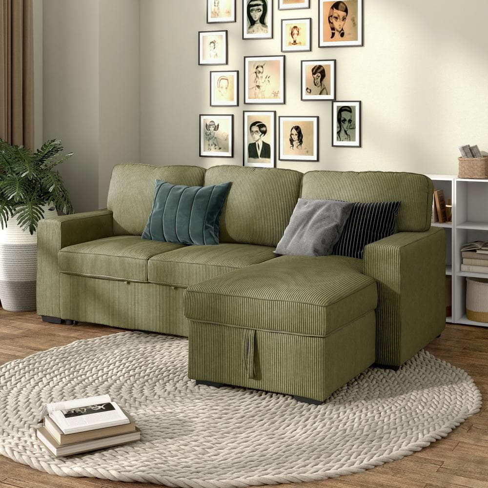 Green Corduroy Fabric Sectional Sofa with Storage Ottoman