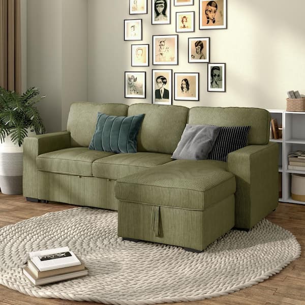 Roseshire 92.5 in. Straight Arm 1-Piece Chenille Reversible L Shaped Sectional Sleeper Sofa in Green