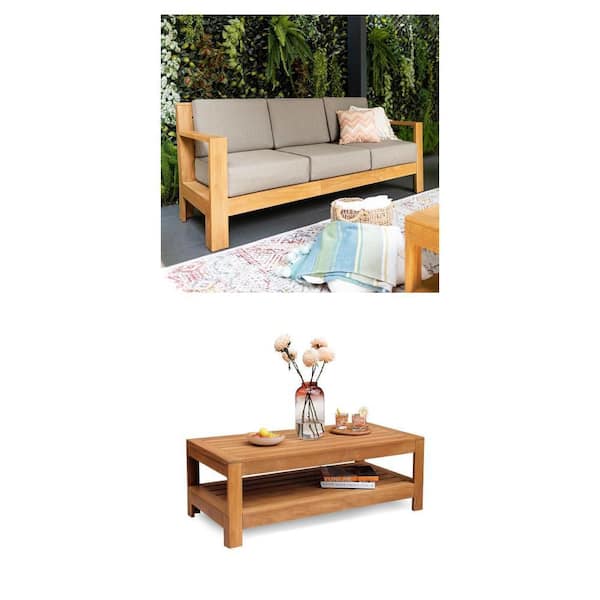 Largo Teak Outdoor Couch with Sunbrella Cushion and Wood Coffee Table Set