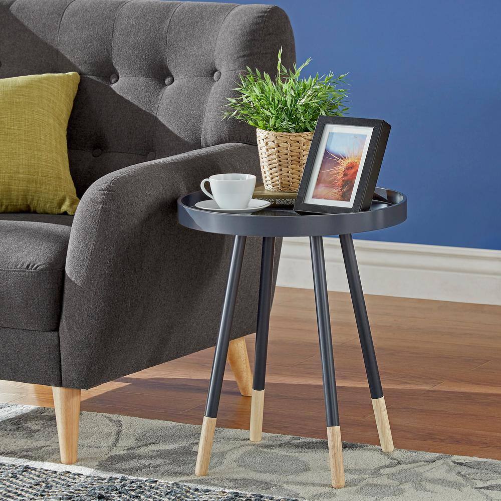 Black and Natural Round Metal Tray Top Accent Table