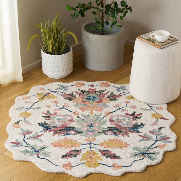 Jardin 3 ft. x 3 ft. Scalloped Ivory/Light Green Floral Crown Area Rug