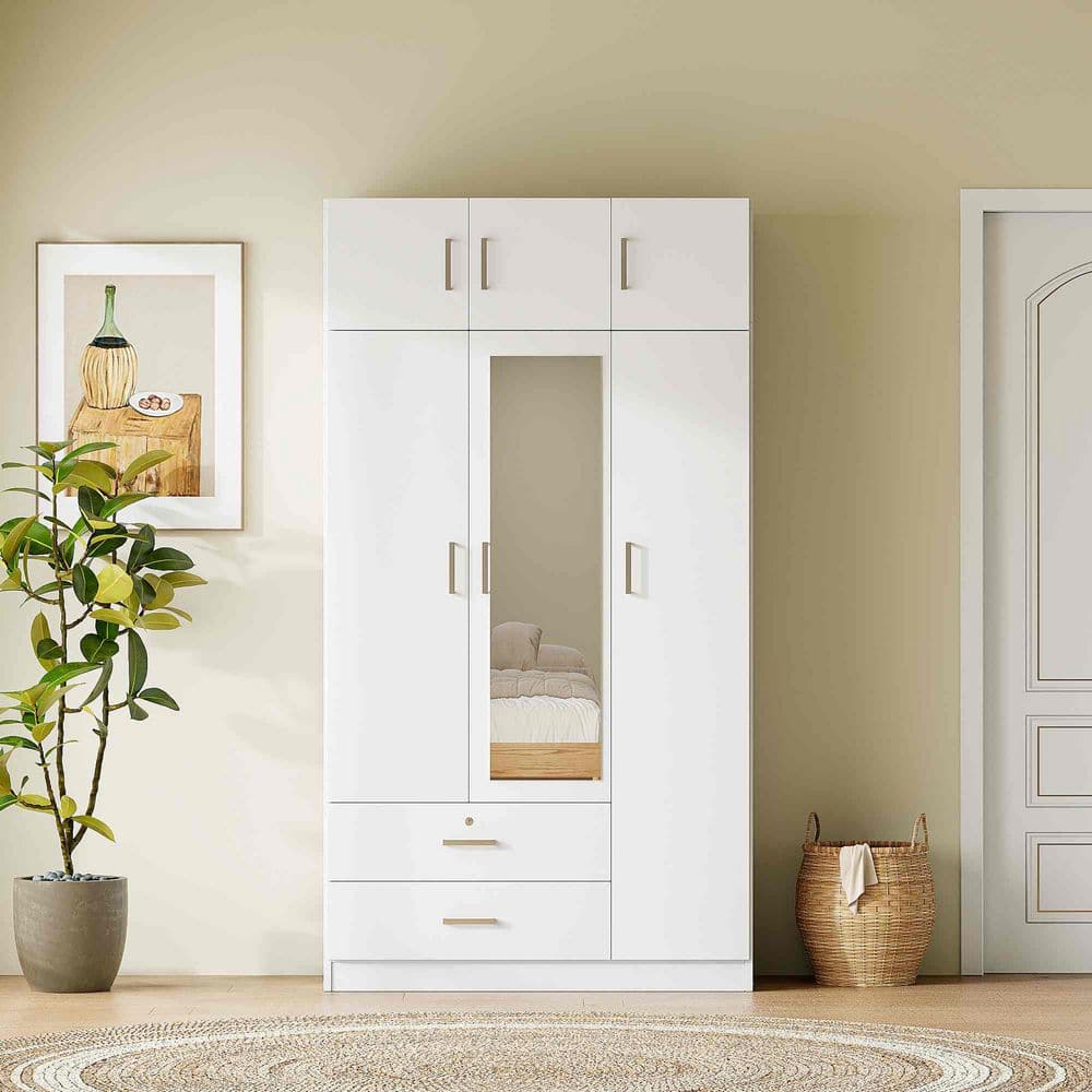 Polibi White Particle Board Wood 41.3 in. Wardrobe with 3-Door