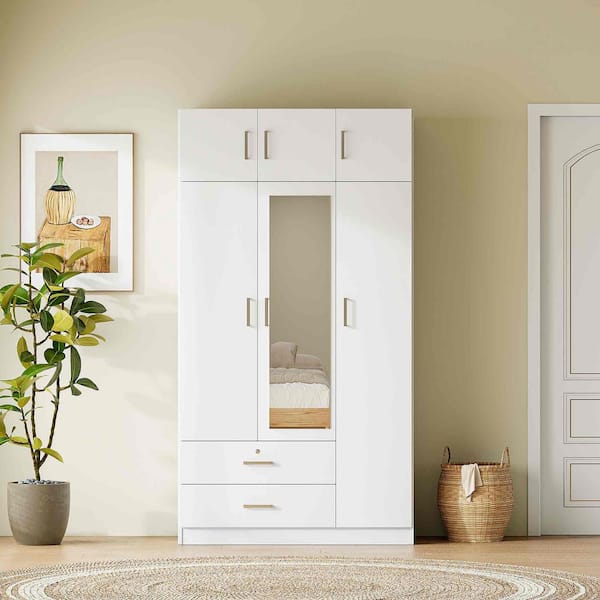 White Particle Board Wood 41.3 in. Wardrobe with 3-Door Mirror, 2 Drawers and Top Cabinet