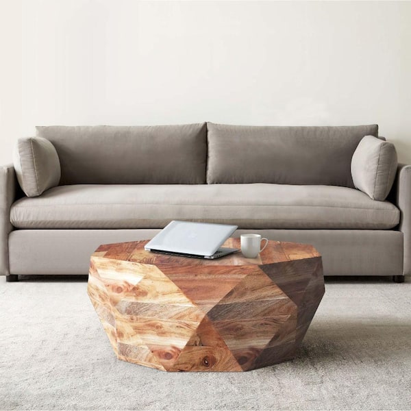 THE URBAN PORT Bon 33 in. Natural Brown Round Diamond Acacia Wood Coffee Table with Smooth Top