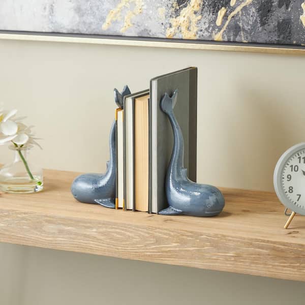 Litton Lane Blue Metal Dolphin Bookends with Raised Tails (Set of 2)