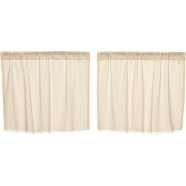 VHC BRANDS Tobacco Cloth 36 in. W x 24 in. L Cotton Sheer Fringed Edge Rod Pocket Farmhouse Cafe Curtain in Natural Cream Pair