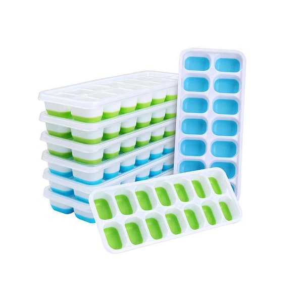 Flexible Silicone Ice Cube Tray Stackable with Removable Spill-Resistant Lid Blue Green 14-Cube Kitchen Mold 8 Pack