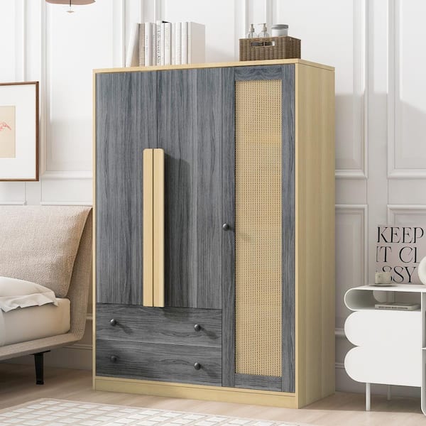 Black and Natural Wood 47.2 in. 6-Door Rattan Wardrobe Armoire with 2-Drawers, Storage Shelves, Hanging Rail