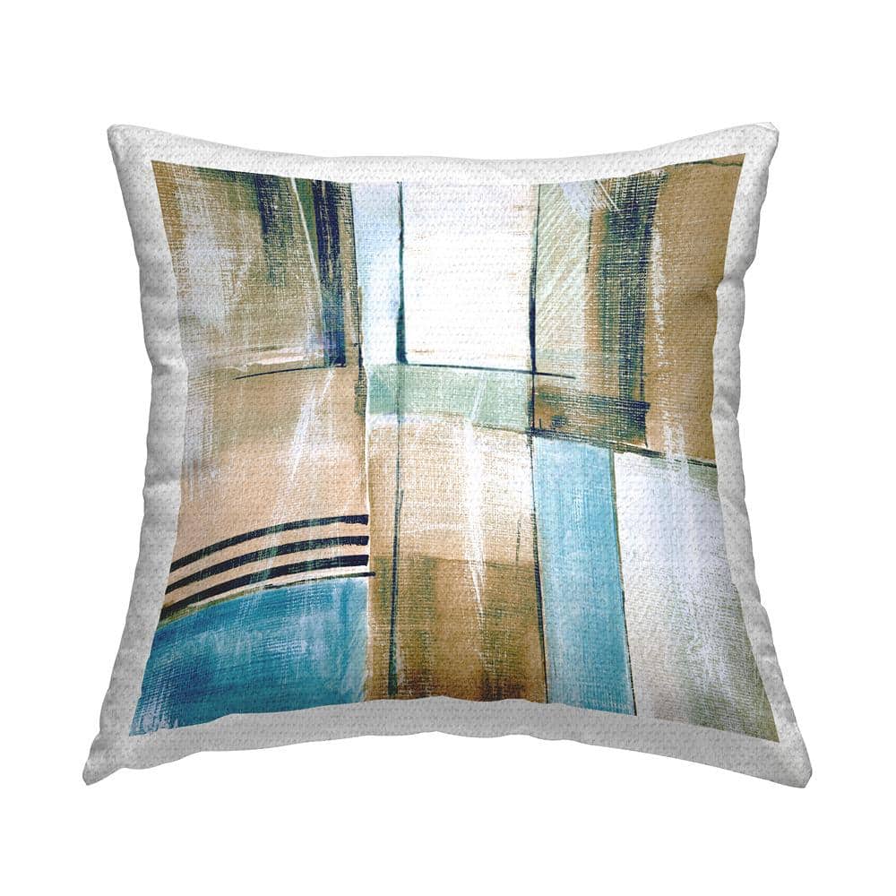 Tan and Blue Geometric Square Outdoor Throw Pillow