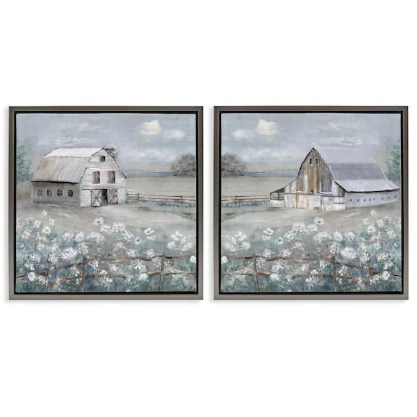 Stupell Industries Country Meadows with Barns by Sally Swatland 2-Pieces Gray Floater Frame Nature Graphic Art Print 18 in. x 18 in.