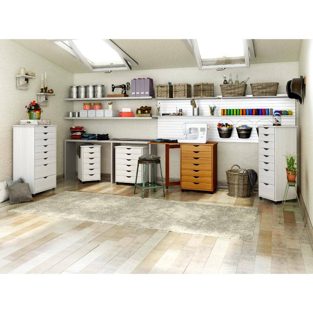 Whitewash Solid Pine 8-Drawer Extra Wide Mobile Cabinet with Casters