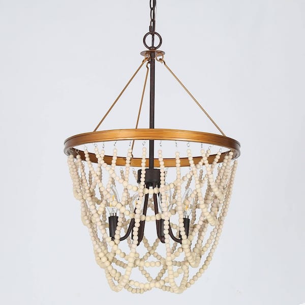 4-Light Antique Gold Drum Chandelier with White Wood Beads