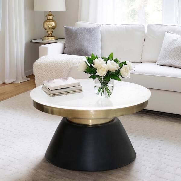 Liv & Skye 30 in. Black/Gold Round Metal with Marble Top Coffee Table
