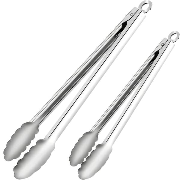 17 in. 12 in. Heat Resistant Extra Long BBQ Tongs for Cooking, Grilling, Barbecue/BBQ, Buffet, Silver (2-Pack)